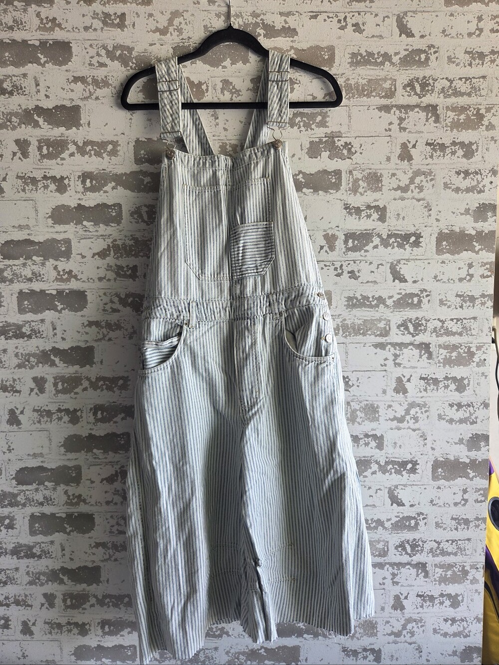 ​We The Free Free People Good Luck Railroad Stripe Crop Overalls Blue White M